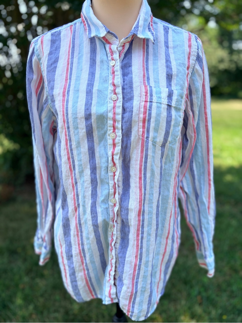 L.L. Bean LINEN Striped Button-Down Shirt Women Large Summer Beach